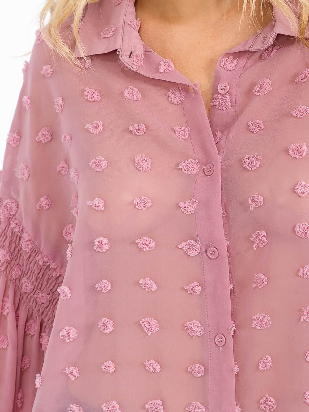 WOMEN'S LONG SLEEVE BUTTON UP SWISS DOTS DETAILED BLOUSE