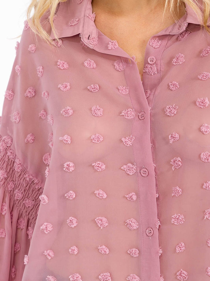 WOMEN'S LONG SLEEVE BUTTON UP SWISS DOTS DETAILED BLOUSE