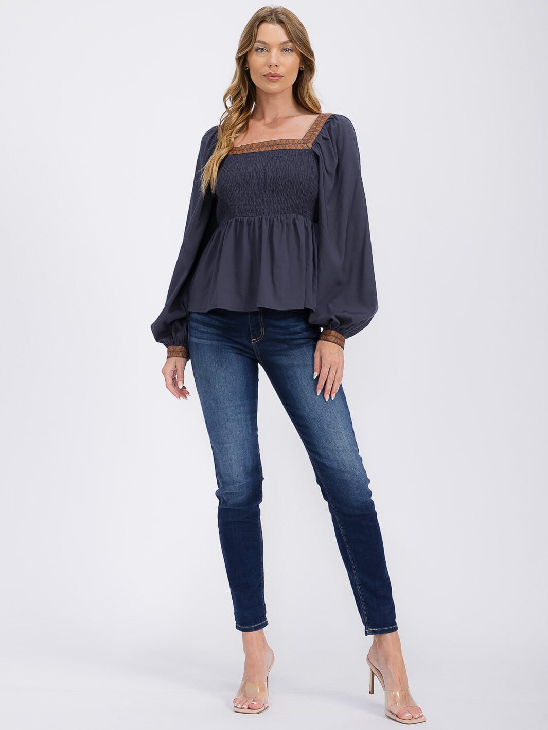 WOMEN'S LONG SLEEVES SQUARE NECK TRIM DETAILED SMOCK PEPLUM BLOUSE