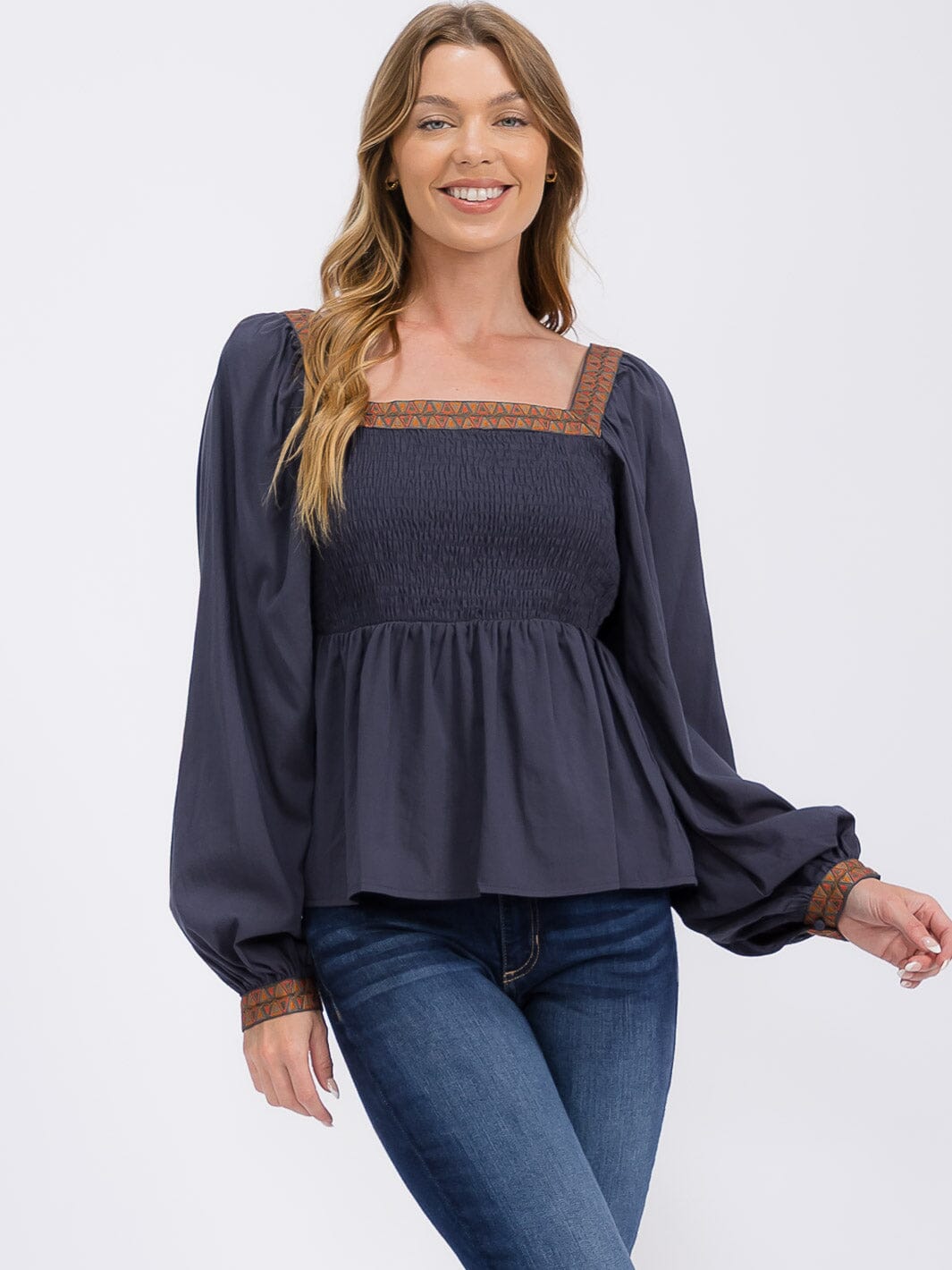 WOMEN'S LONG SLEEVES SQUARE NECK TRIM DETAILED SMOCK PEPLUM BLOUSE