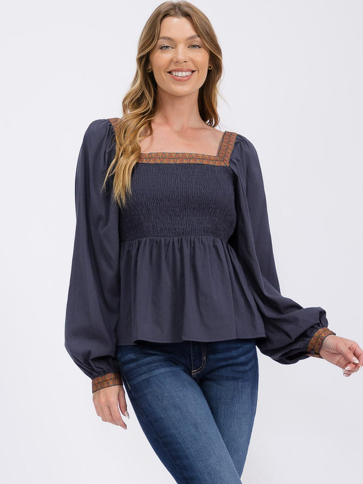 WOMEN'S LONG SLEEVES SQUARE NECK TRIM DETAILED SMOCK PEPLUM BLOUSE