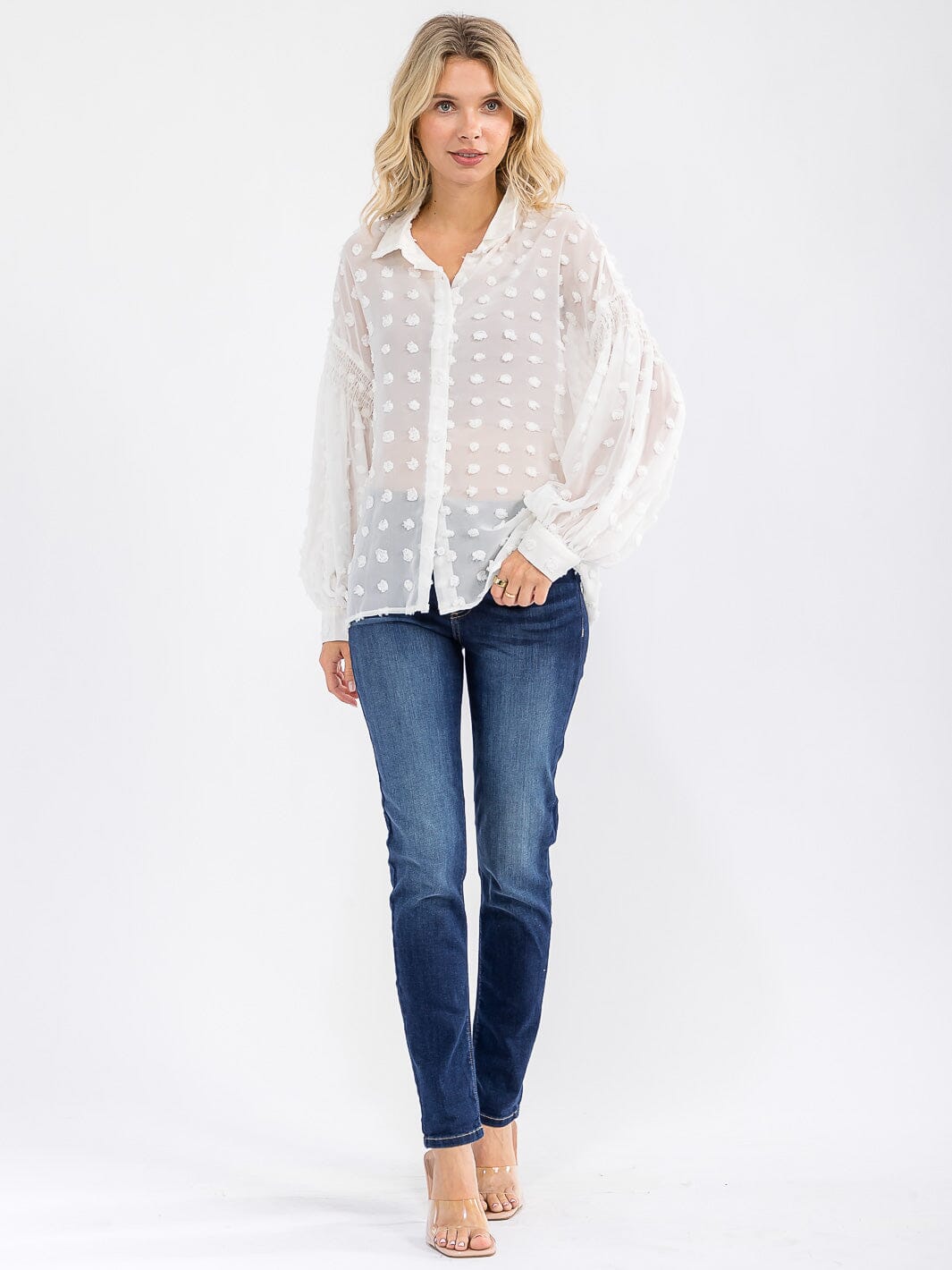 WOMEN'S LONG SLEEVE BUTTON UP SWISS DOTS DETAILED BLOUSE