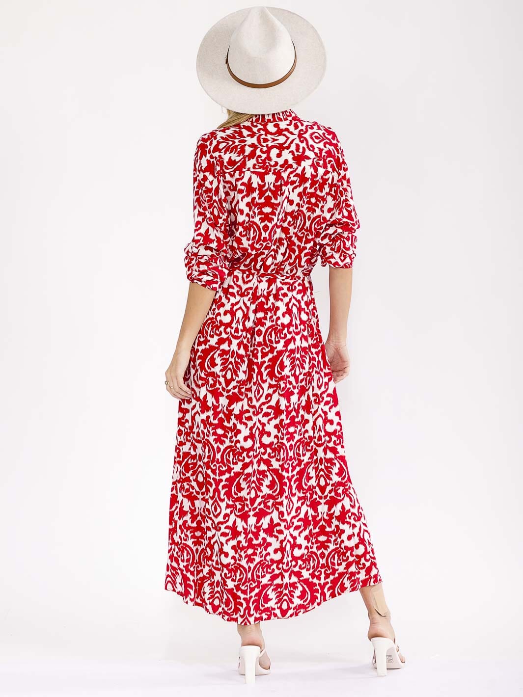 WOMEN'S LONG SLEEVE BUTTON UP SELF TIE MULTI PRINT MAXI DRESS