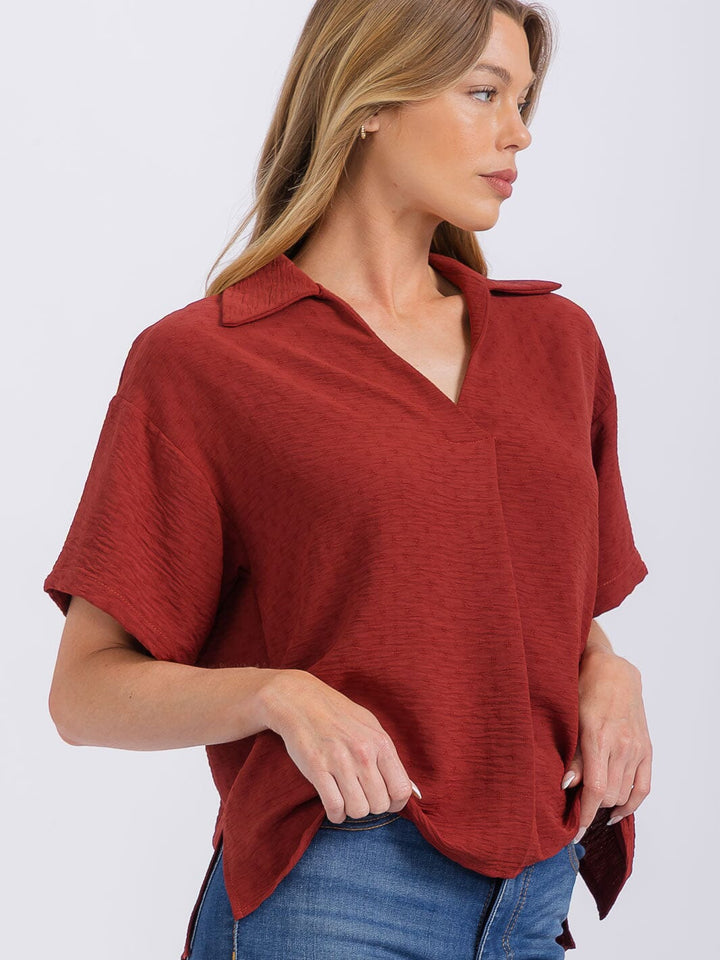 WOMEN'S SHORT SLEEVE V-NECK HIGH-LOW BLOUSE