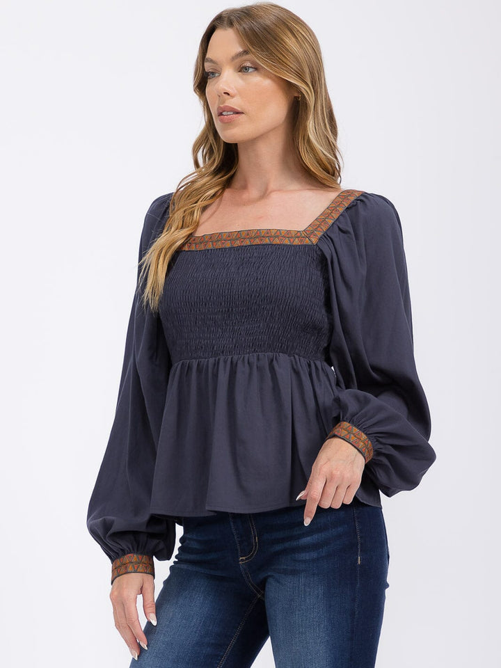 WOMEN'S LONG SLEEVES SQUARE NECK TRIM DETAILED SMOCK PEPLUM BLOUSE