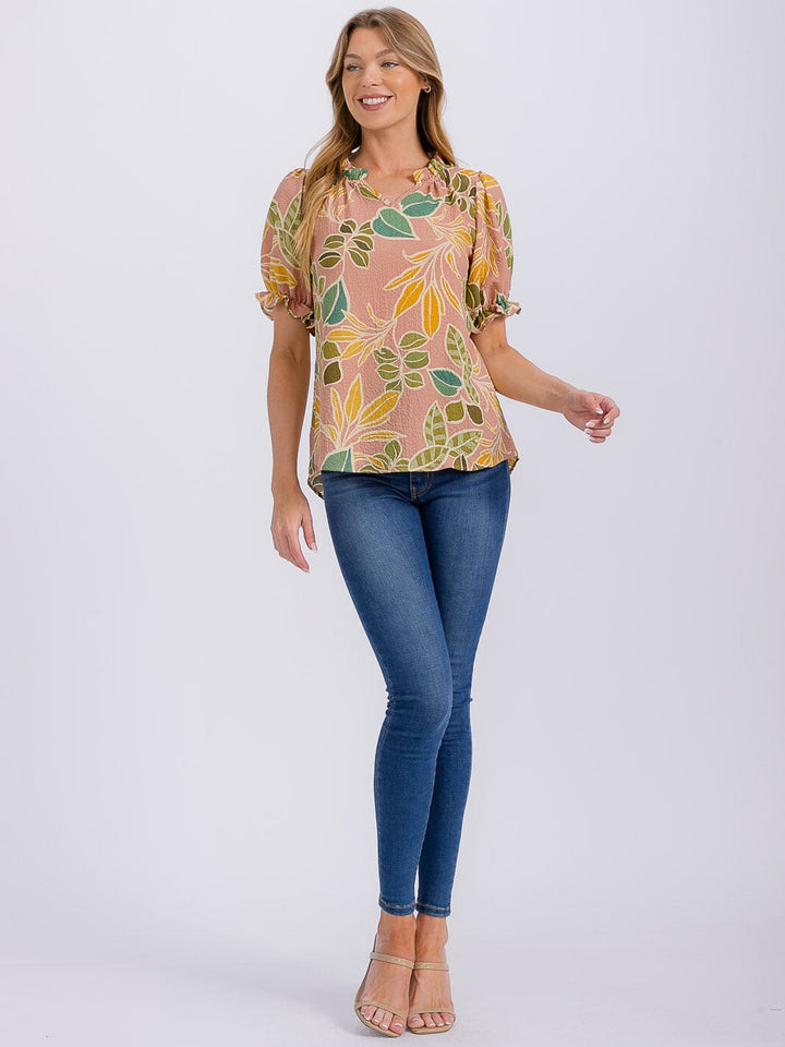 WOMEN'S SHORT PUFF SLEEVE V-NECK FLORAL BLOUSE