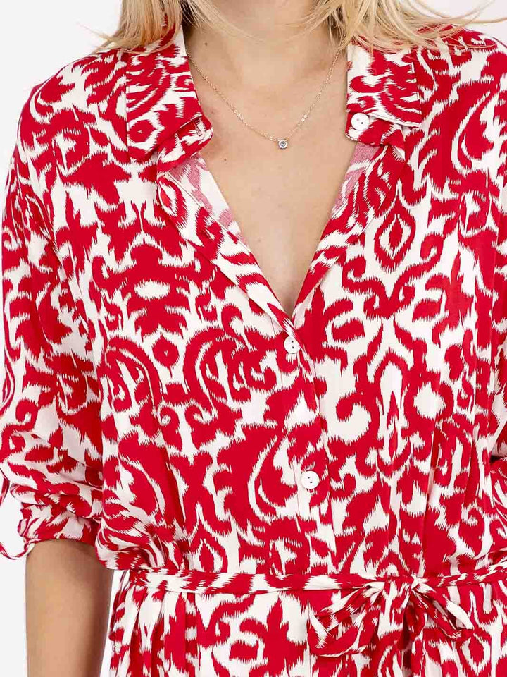 WOMEN'S LONG SLEEVE BUTTON UP SELF TIE MULTI PRINT MAXI DRESS