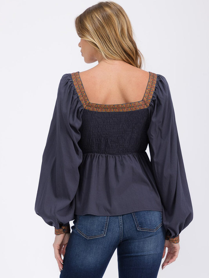 WOMEN'S LONG SLEEVES SQUARE NECK TRIM DETAILED SMOCK PEPLUM BLOUSE
