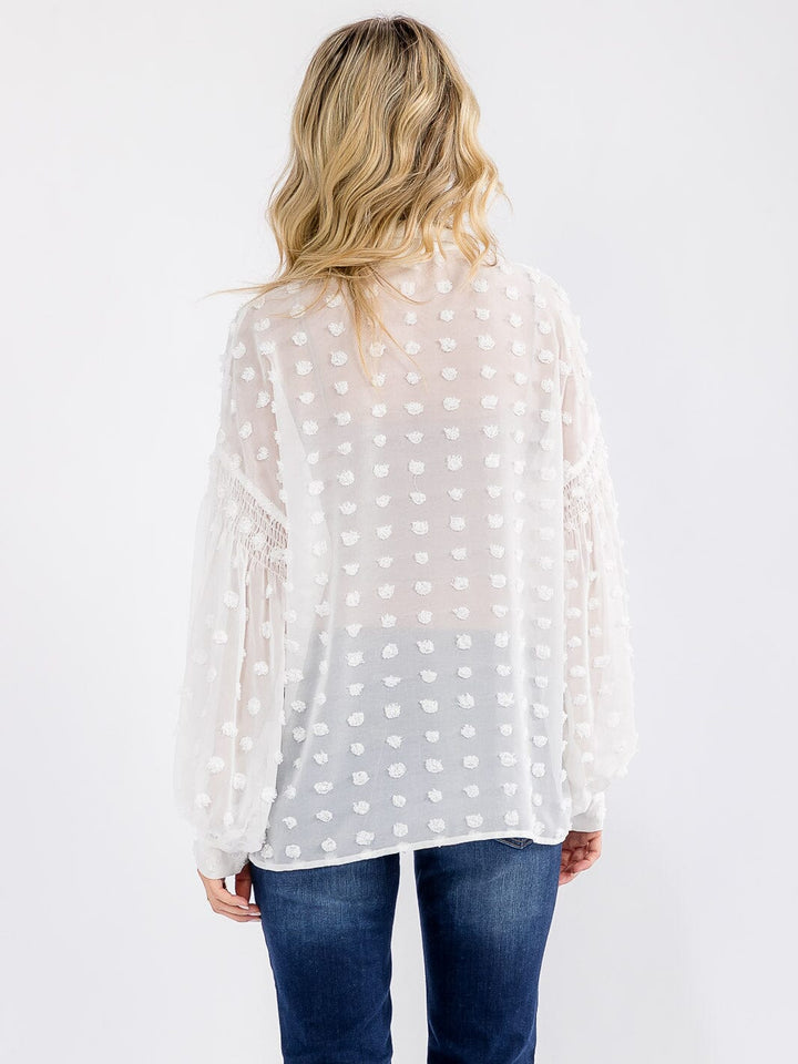 WOMEN'S LONG SLEEVE BUTTON UP SWISS DOTS DETAILED BLOUSE