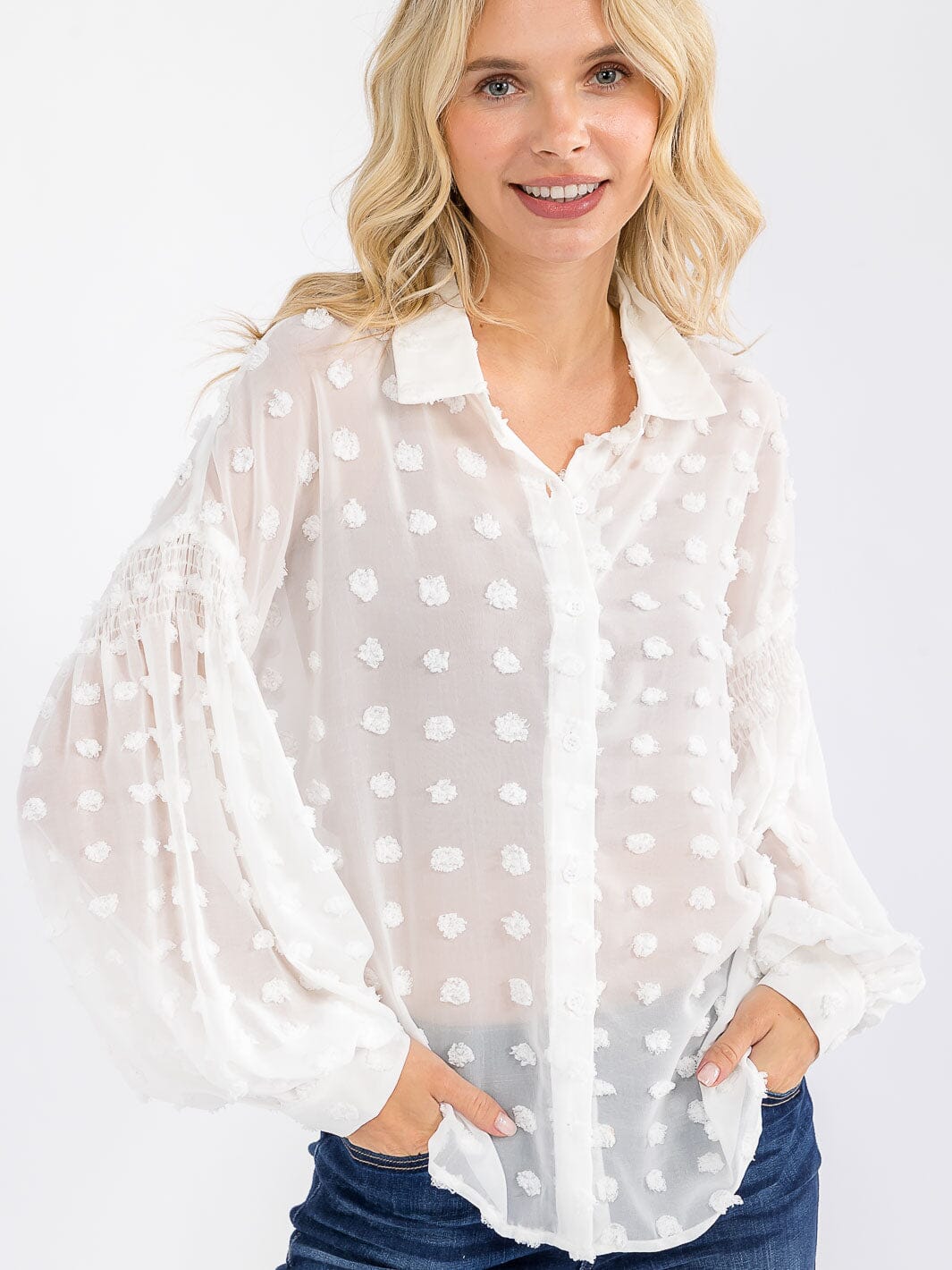 WOMEN'S LONG SLEEVE BUTTON UP SWISS DOTS DETAILED BLOUSE
