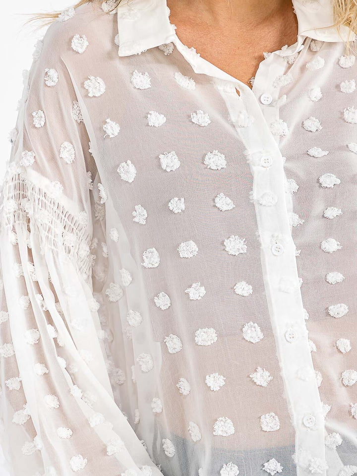 WOMEN'S LONG SLEEVE BUTTON UP SWISS DOTS DETAILED BLOUSE