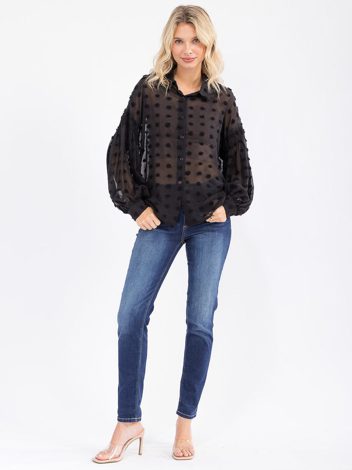 WOMEN'S LONG SLEEVE BUTTON UP SWISS DOTS DETAILED BLOUSE