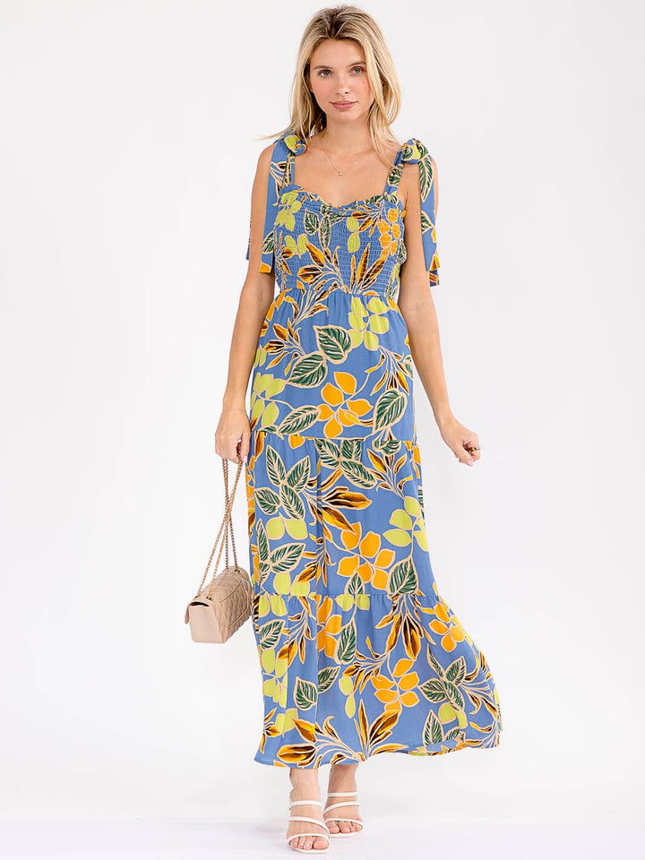 WOMEN'S SLEEVELESS V-NECK SMOCK FLORAL MAXI DRESS