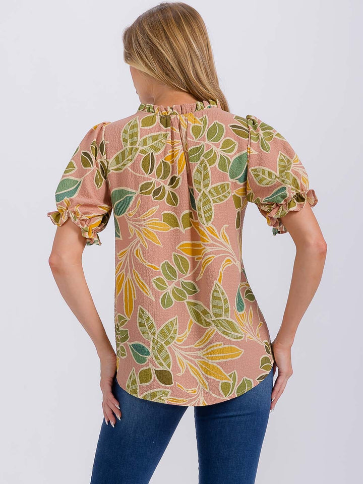 WOMEN'S SHORT PUFF SLEEVE V-NECK FLORAL BLOUSE