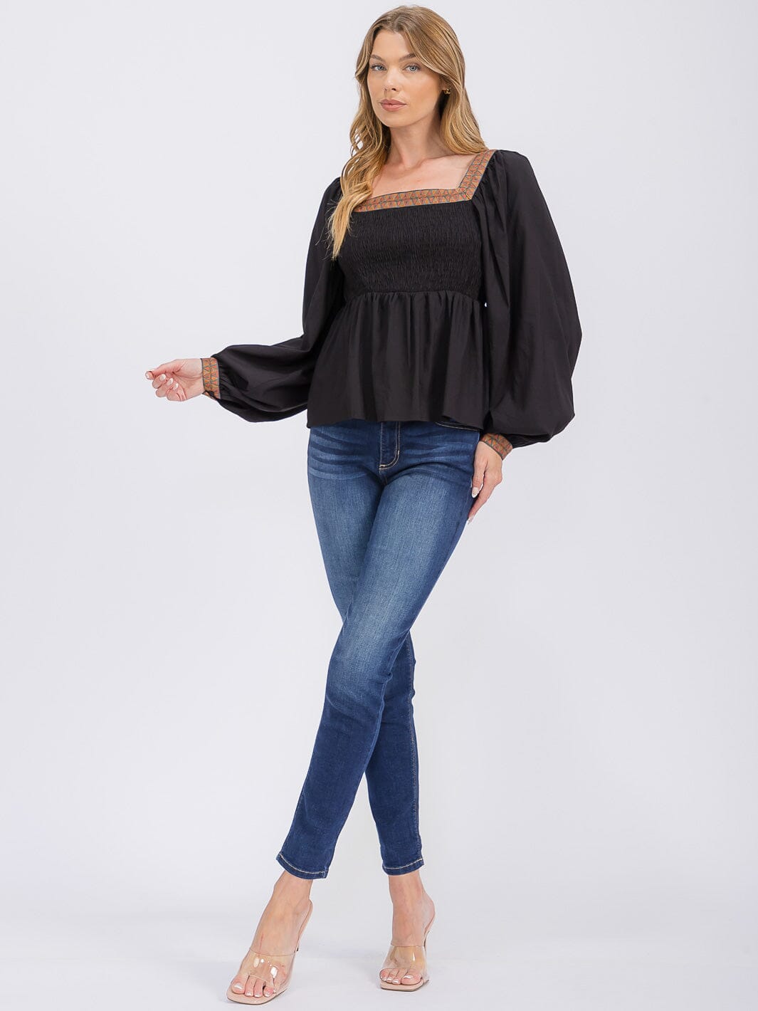 WOMEN'S LONG SLEEVES SQUARE NECK TRIM DETAILED SMOCK PEPLUM BLOUSE