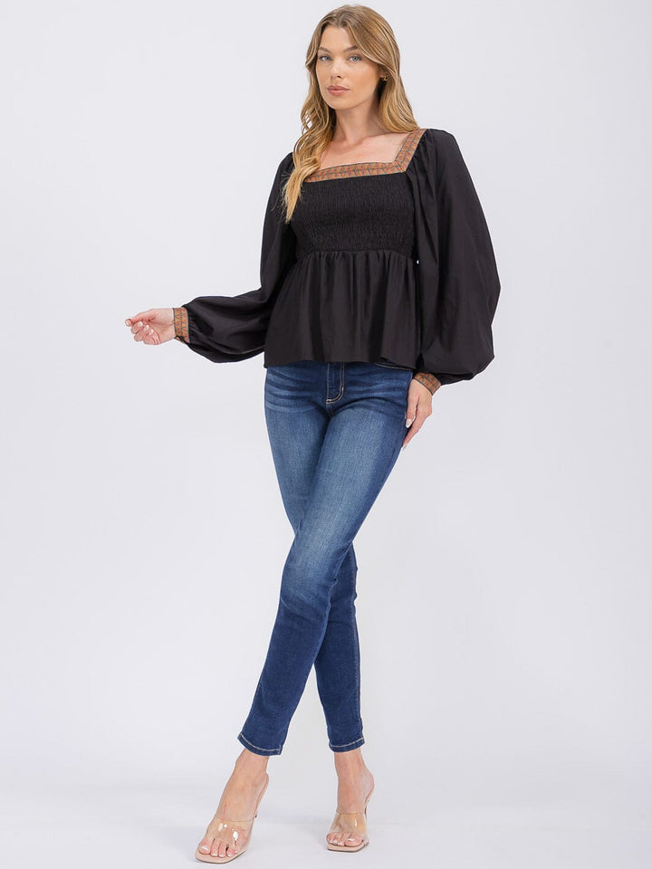 WOMEN'S LONG SLEEVES SQUARE NECK TRIM DETAILED SMOCK PEPLUM BLOUSE
