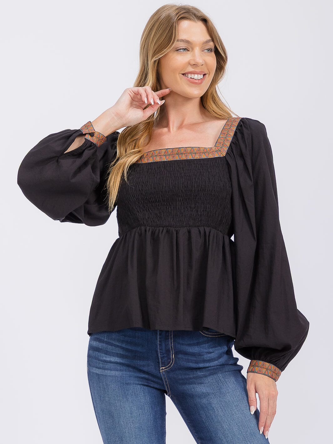 WOMEN'S LONG SLEEVES SQUARE NECK TRIM DETAILED SMOCK PEPLUM BLOUSE