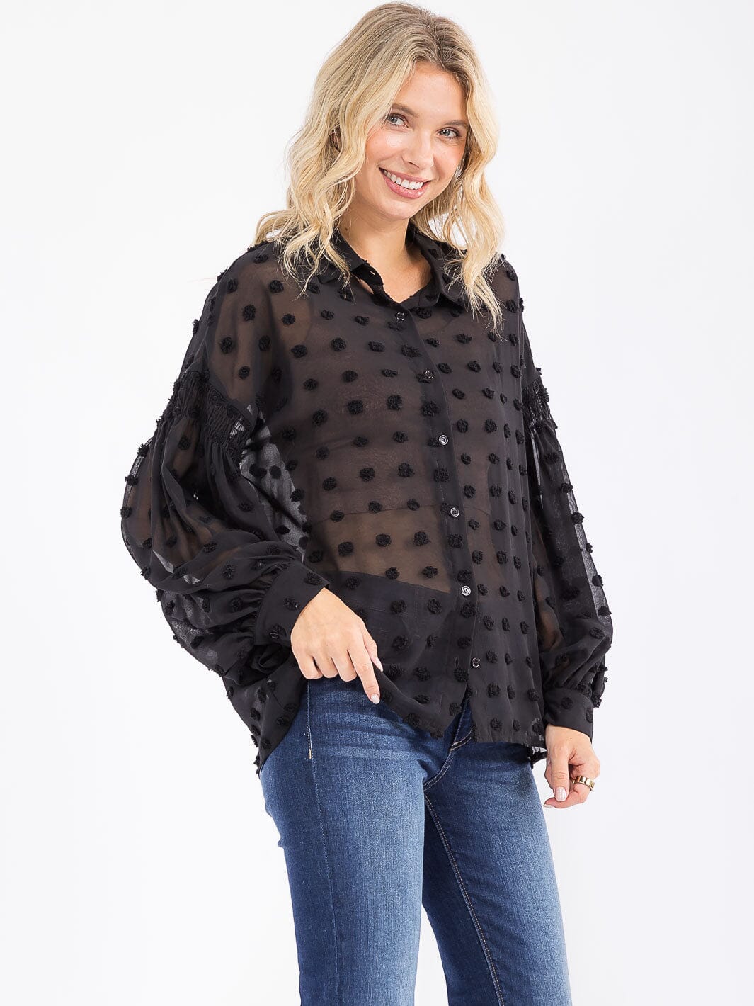 WOMEN'S LONG SLEEVE BUTTON UP SWISS DOTS DETAILED BLOUSE