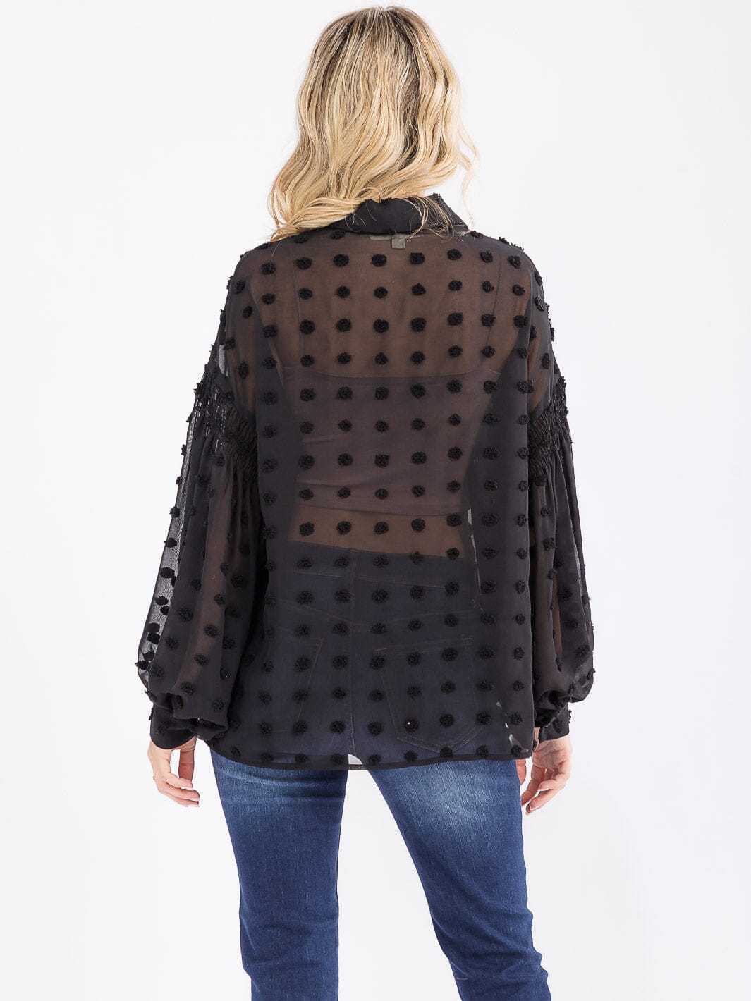 WOMEN'S LONG SLEEVE BUTTON UP SWISS DOTS DETAILED BLOUSE