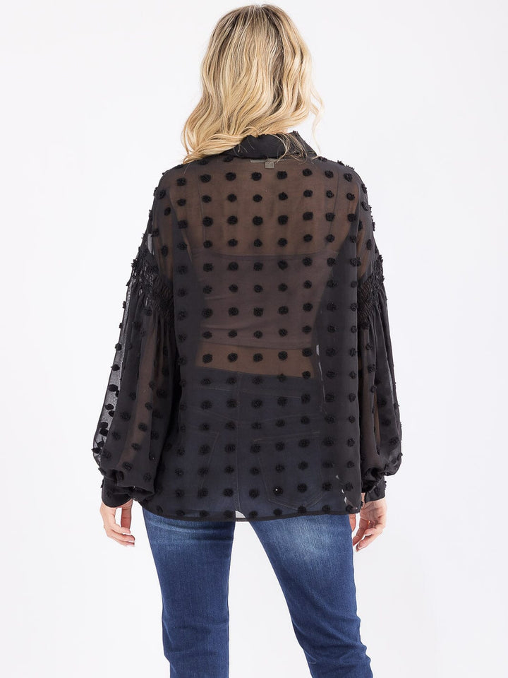 WOMEN'S LONG SLEEVE BUTTON UP SWISS DOTS DETAILED BLOUSE