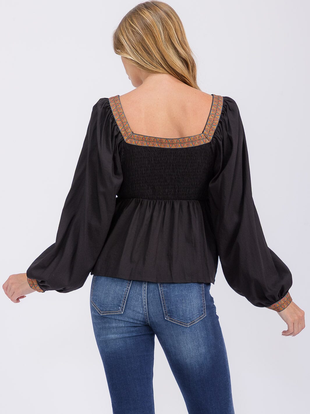 WOMEN'S LONG SLEEVES SQUARE NECK TRIM DETAILED SMOCK PEPLUM BLOUSE