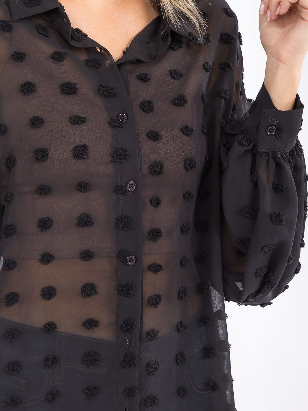 WOMEN'S LONG SLEEVE BUTTON UP SWISS DOTS DETAILED BLOUSE