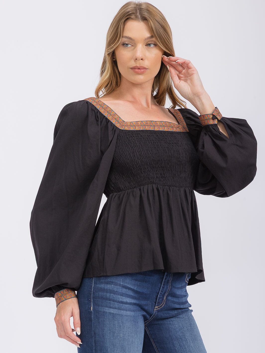 WOMEN'S LONG SLEEVES SQUARE NECK TRIM DETAILED SMOCK PEPLUM BLOUSE