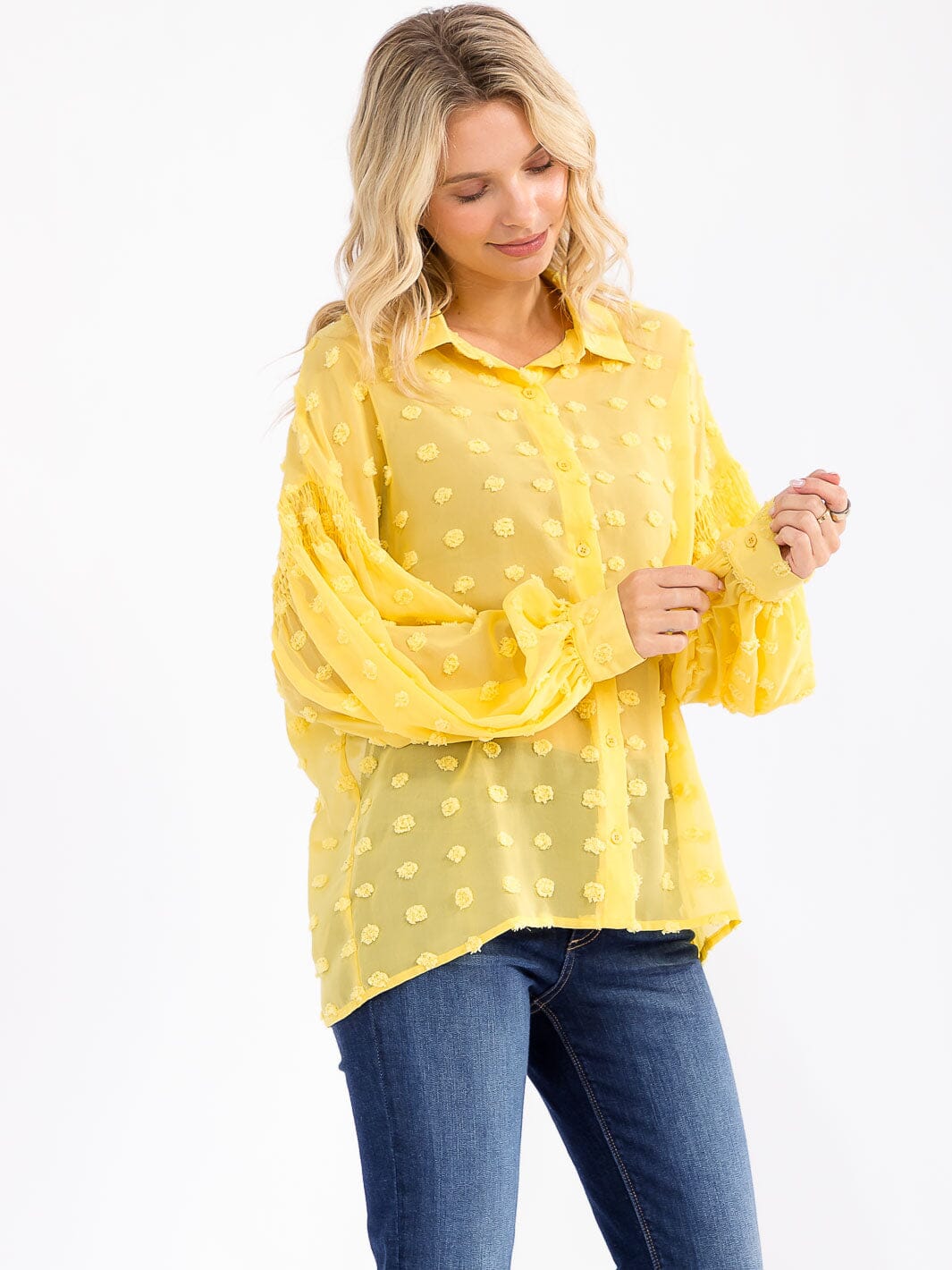 WOMEN'S LONG SLEEVE BUTTON UP SWISS DOTS DETAILED BLOUSE