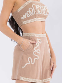 WOMEN'S SLEEVELESS CROP TOP & ZIP UP MINI SHORTS SMOCK EMBROIDERY 2PC. SET