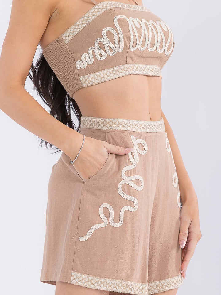 WOMEN'S SLEEVELESS CROP TOP & ZIP UP MINI SHORTS SMOCK EMBROIDERY 2PC. SET