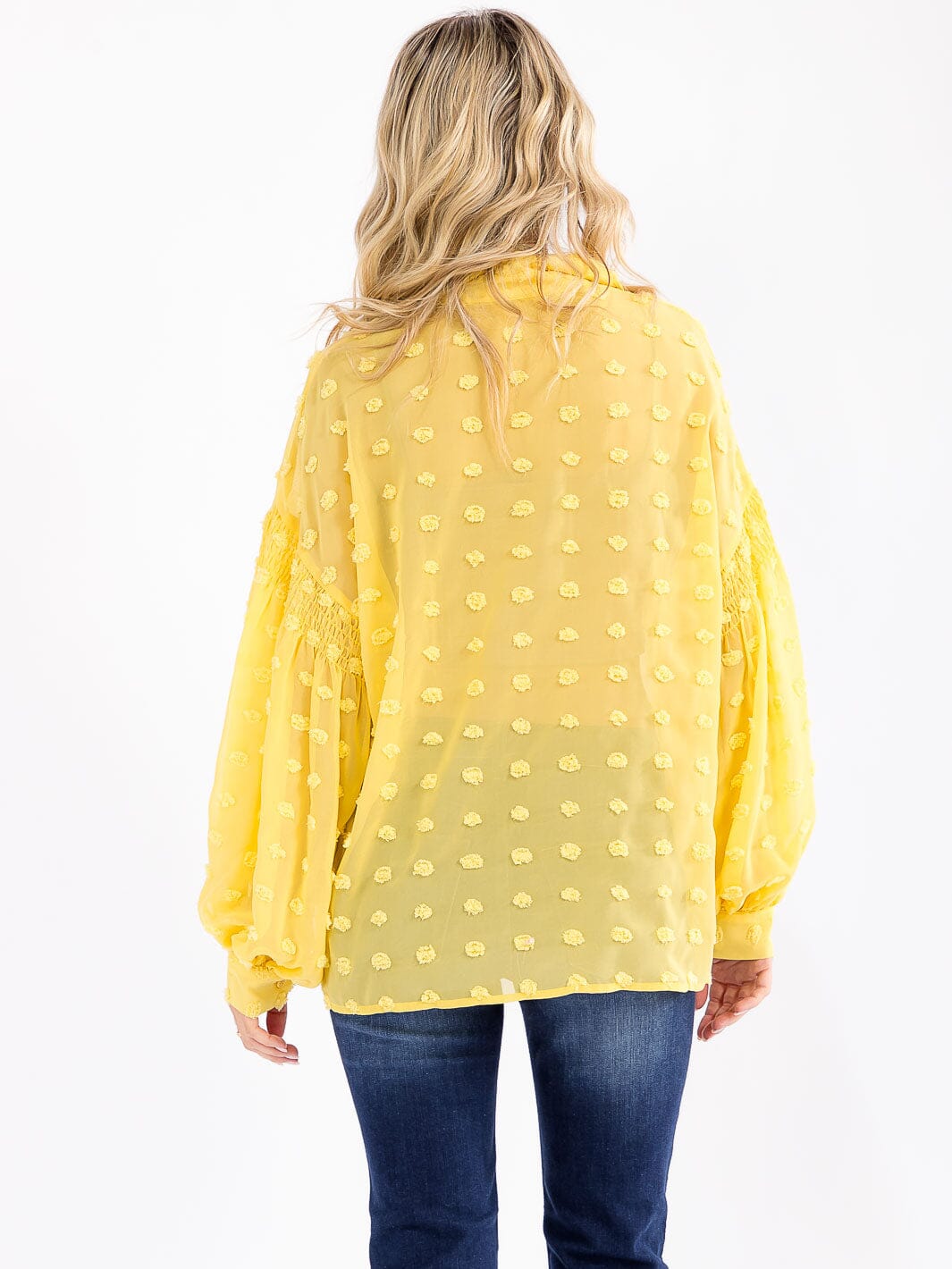 WOMEN'S LONG SLEEVE BUTTON UP SWISS DOTS DETAILED BLOUSE