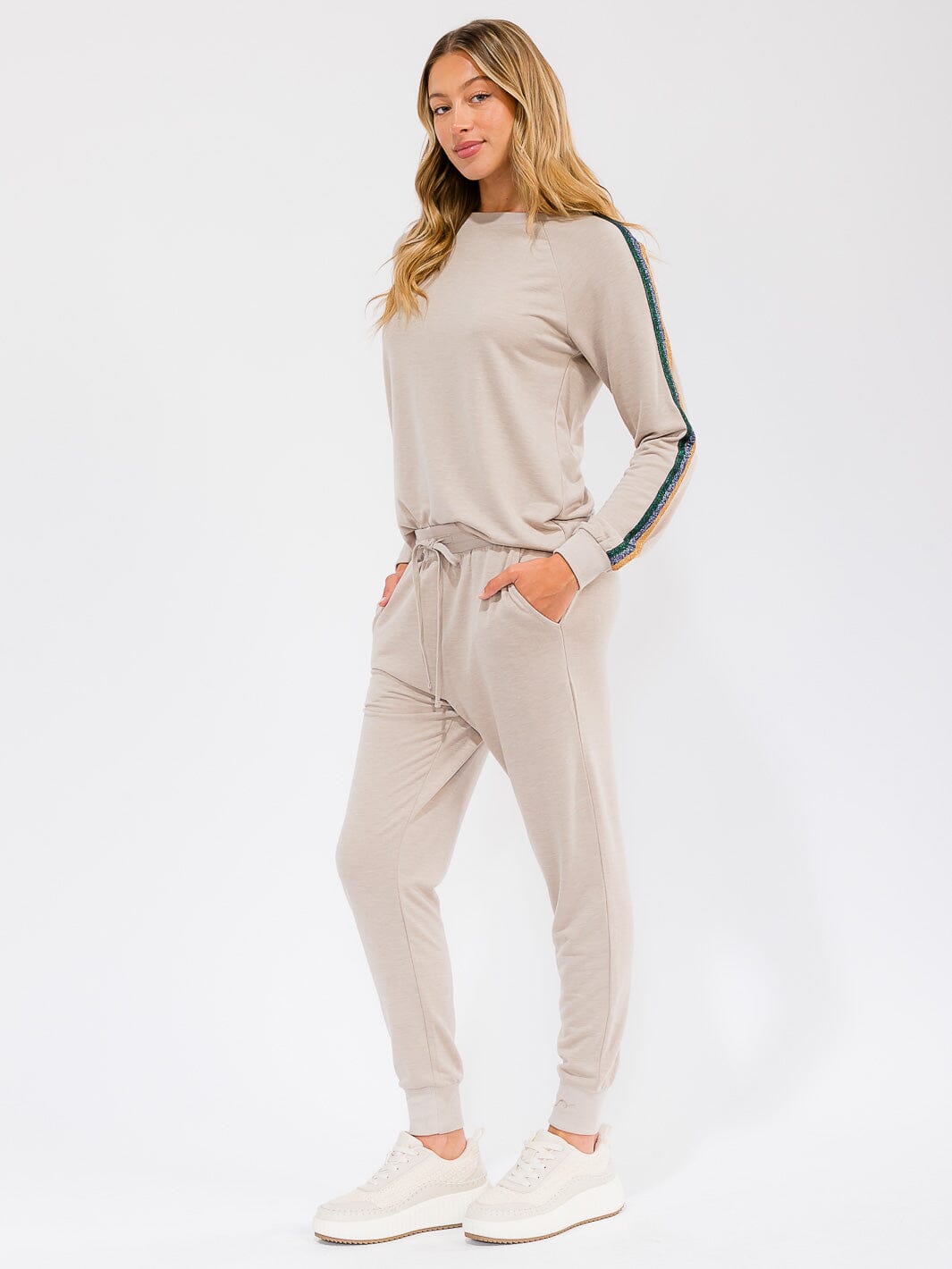 WOMEN'S ELASTIC WAIST FRONT POCKETS STRIPE DETAILED JOGGER PANTS