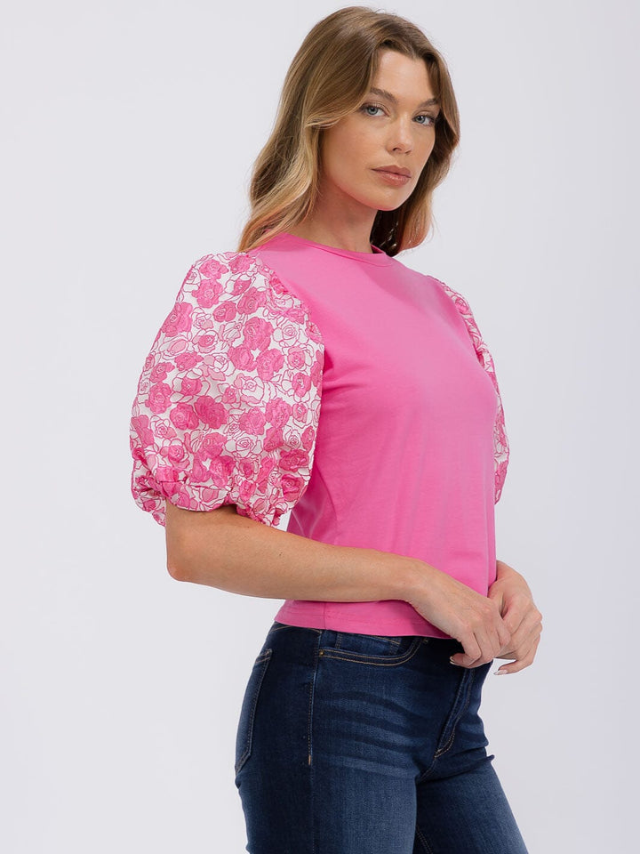 WOMEN'S SHORT PUFF SLEEVE V-NECK FLORAL DETAILED BLOUSE