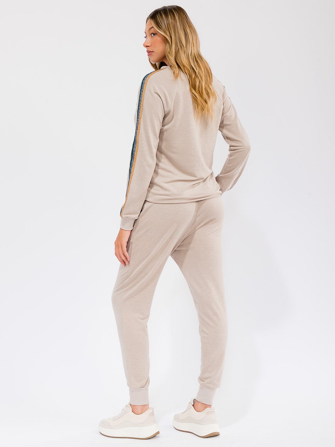 WOMEN'S ELASTIC WAIST FRONT POCKETS STRIPE DETAILED JOGGER PANTS