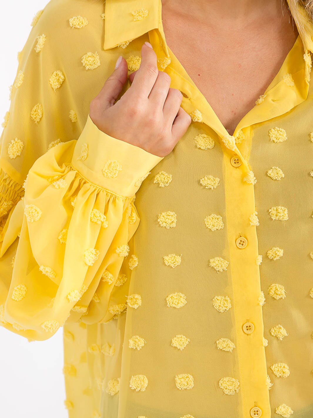 WOMEN'S LONG SLEEVE BUTTON UP SWISS DOTS DETAILED BLOUSE