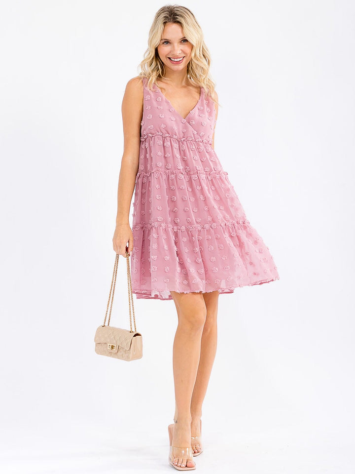 WOMEN'S SLEEVELESS SURPLICE SWISS DOTS TIERED MINI DRESS