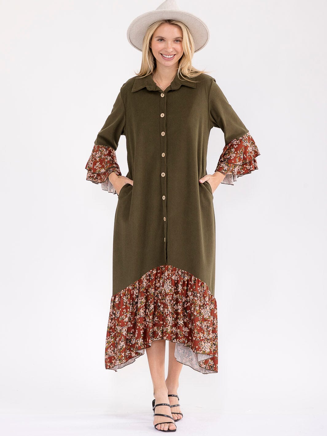 WOMEN'S LONG BELL SLEEVE BUTTON UP FRONT POCKETS FLORAL CONTRAST MAXI DRESS