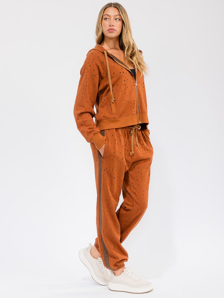 WOMEN'S ELASTIC WAIST FRONT POCKETS DISTRESS JOGGER PANTS