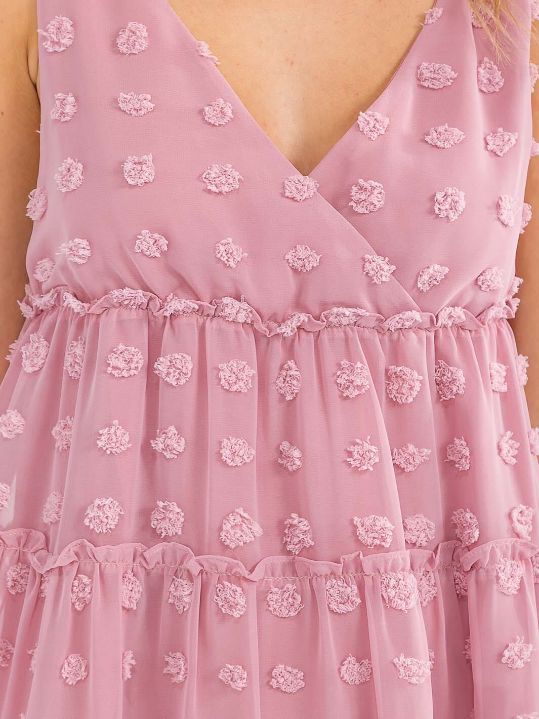 WOMEN'S SLEEVELESS SURPLICE SWISS DOTS TIERED MINI DRESS