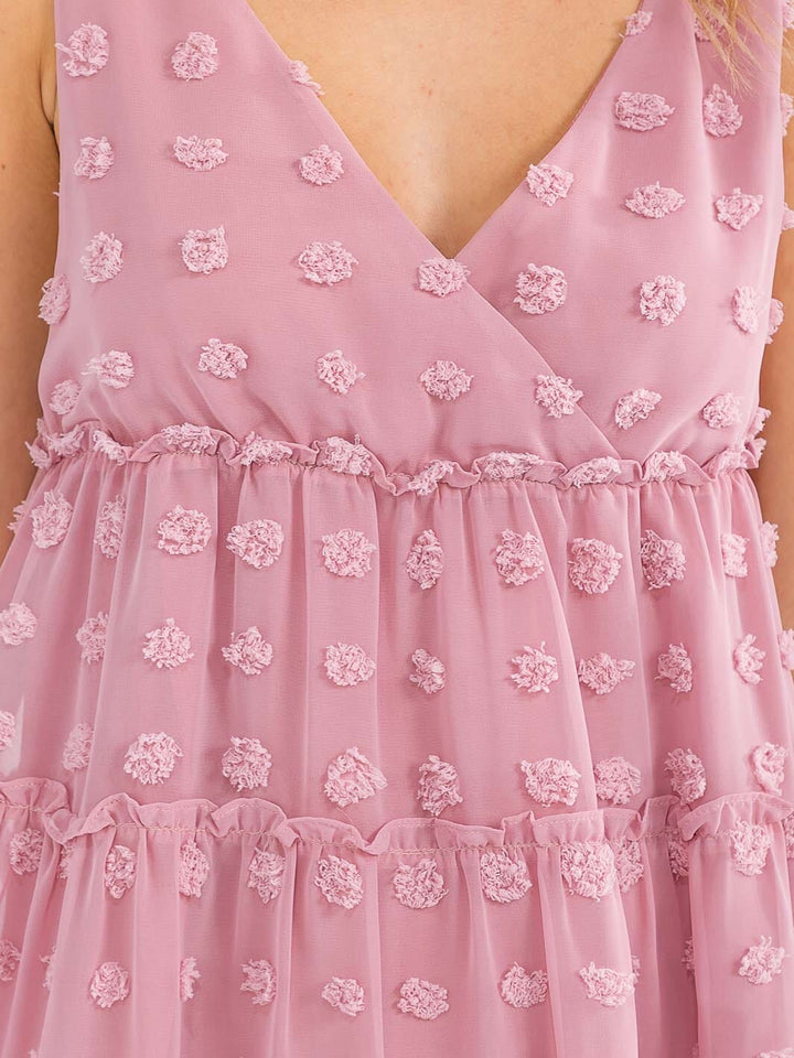 WOMEN'S SLEEVELESS SURPLICE SWISS DOTS TIERED MINI DRESS