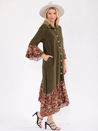 WOMEN'S LONG BELL SLEEVE BUTTON UP FRONT POCKETS FLORAL CONTRAST MAXI DRESS