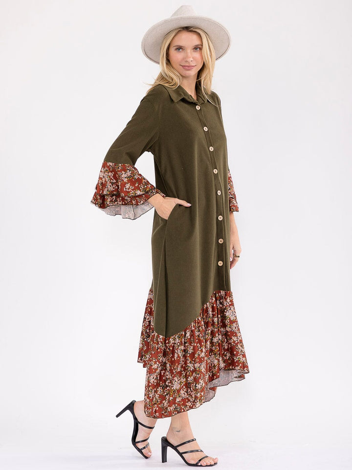 WOMEN'S LONG BELL SLEEVE BUTTON UP FRONT POCKETS FLORAL CONTRAST MAXI DRESS
