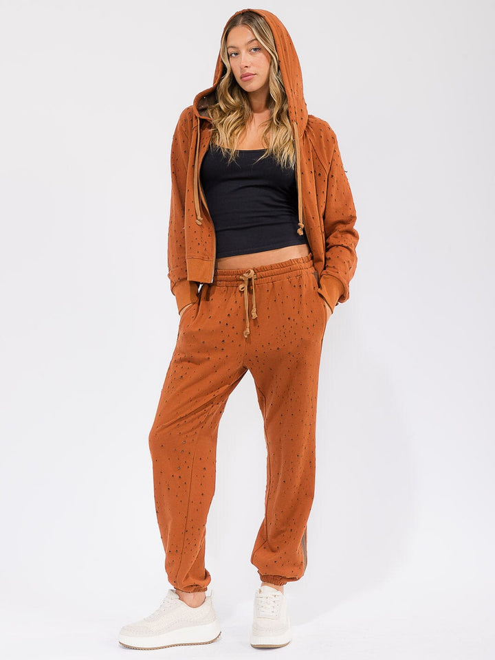 WOMEN'S ELASTIC WAIST FRONT POCKETS DISTRESS JOGGER PANTS