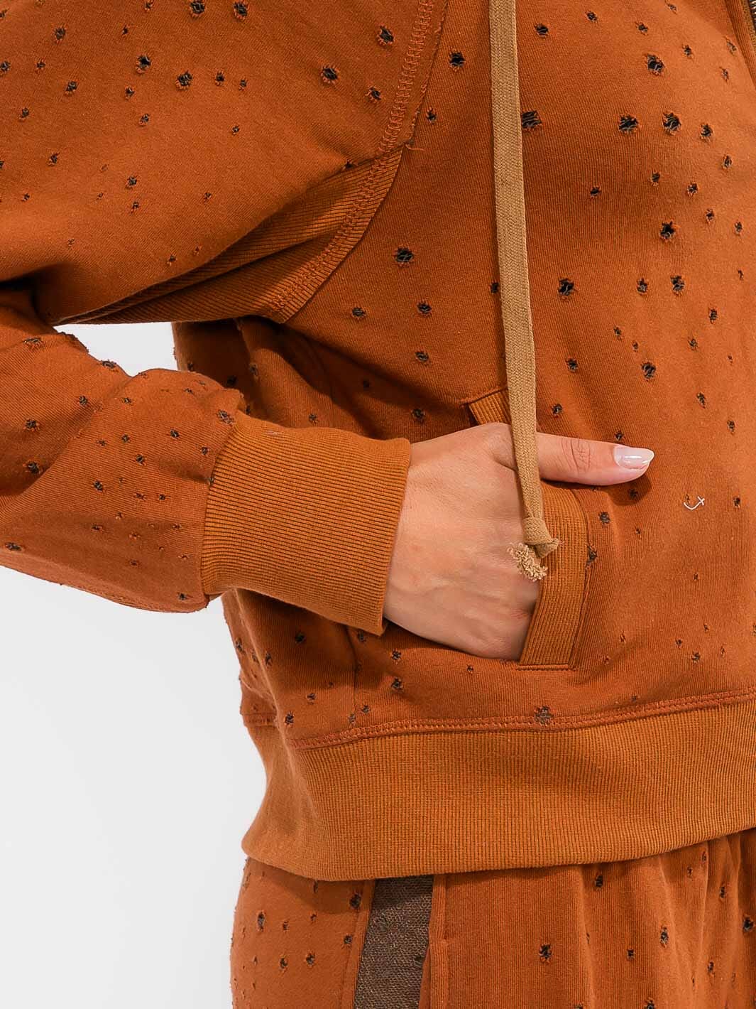 WOMEN'S LONG SLEEVE ZIPPER CLOSURE FRONT POCKETS HOODED DISTRESS JACKET