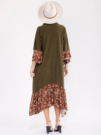 WOMEN'S LONG BELL SLEEVE BUTTON UP FRONT POCKETS FLORAL CONTRAST MAXI DRESS