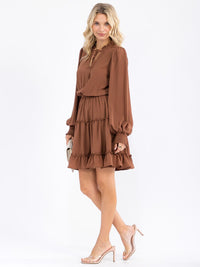 WOMEN'S LONG SLEEVE V-NECK ELASTIC WAIST TIERED MINI DRESS