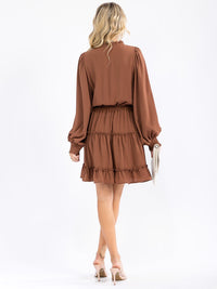 WOMEN'S LONG SLEEVE V-NECK ELASTIC WAIST TIERED MINI DRESS