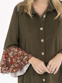 WOMEN'S LONG BELL SLEEVE BUTTON UP FRONT POCKETS FLORAL CONTRAST MAXI DRESS