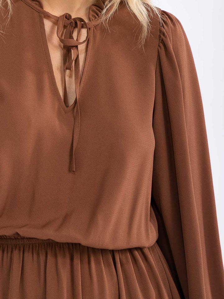 WOMEN'S LONG SLEEVE V-NECK ELASTIC WAIST TIERED MINI DRESS