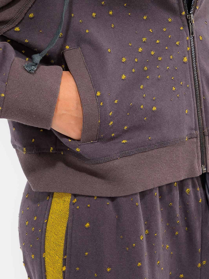 WOMEN'S LONG SLEEVE ZIPPER CLOSURE FRONT POCKETS HOODED DISTRESS JACKET